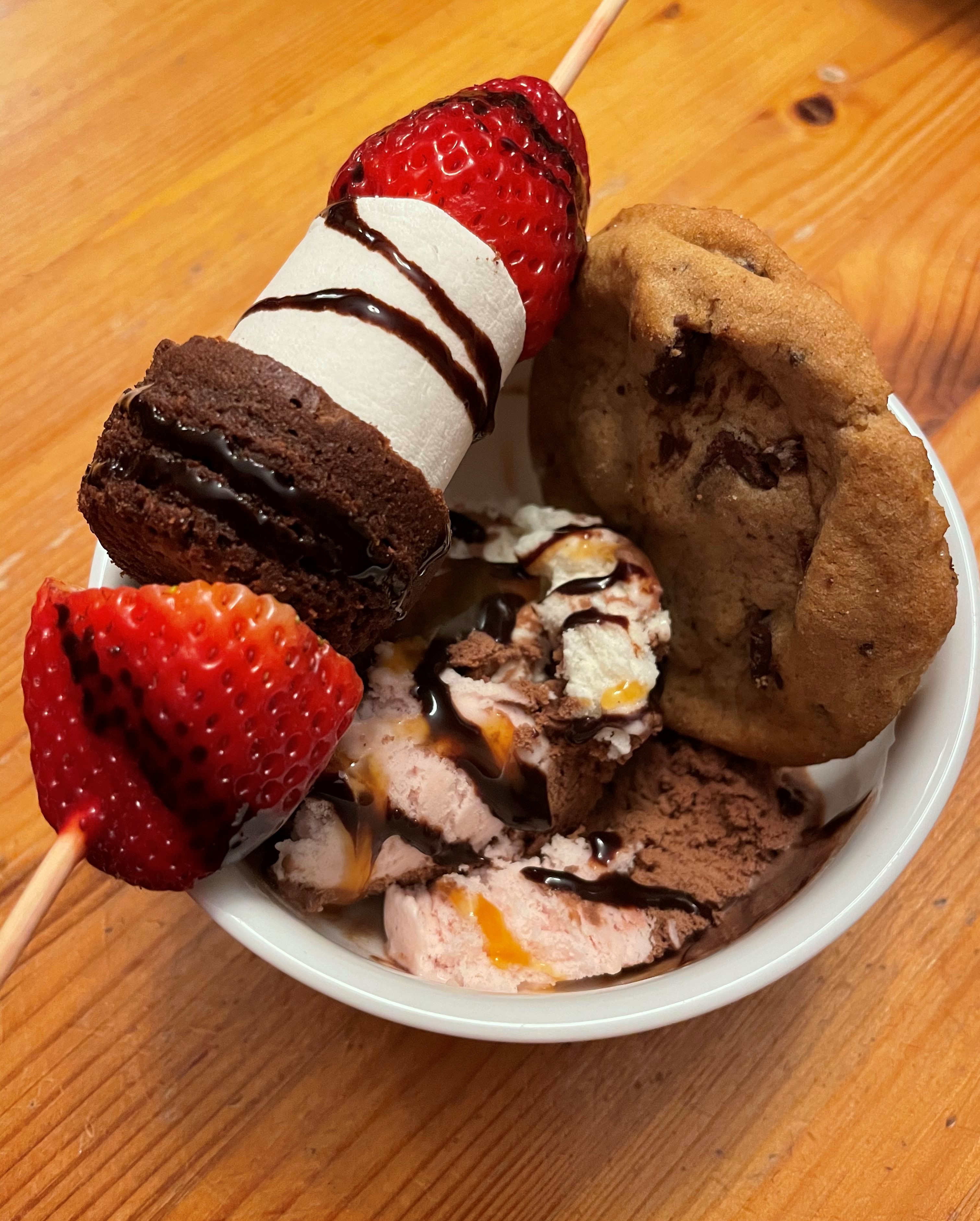 strawberry, brownie, marshmallow kabob