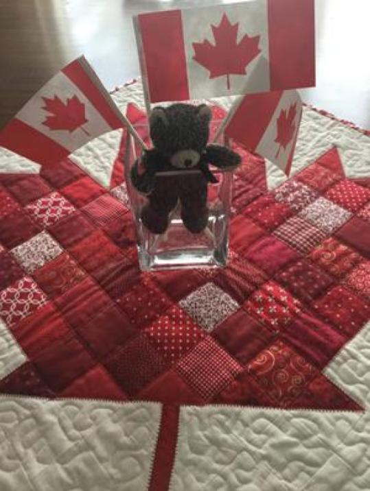Canada Day maple leaf quilt and teddy bear decorations